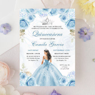 Invitación Princesa Floral Azul y Plata Quinceañera
