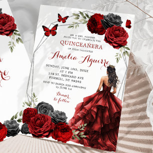 Invitación Princesa Floral Black Red Burgundy Quinceañera