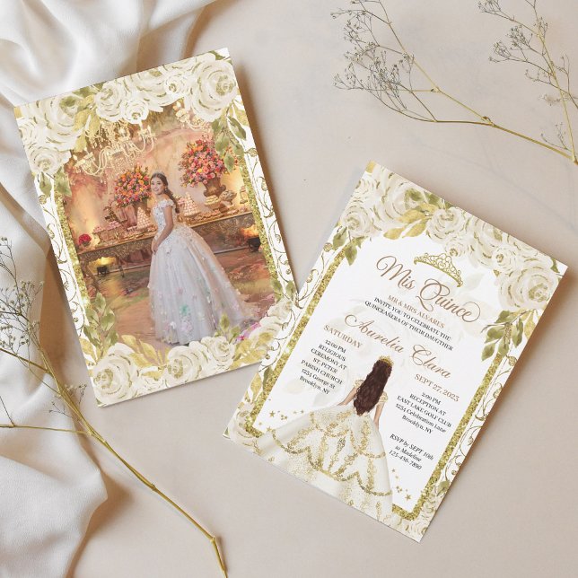 Invitación Princesa Floral Blanca Arco de Oro Foto Quinceaner (Subido por el creador)