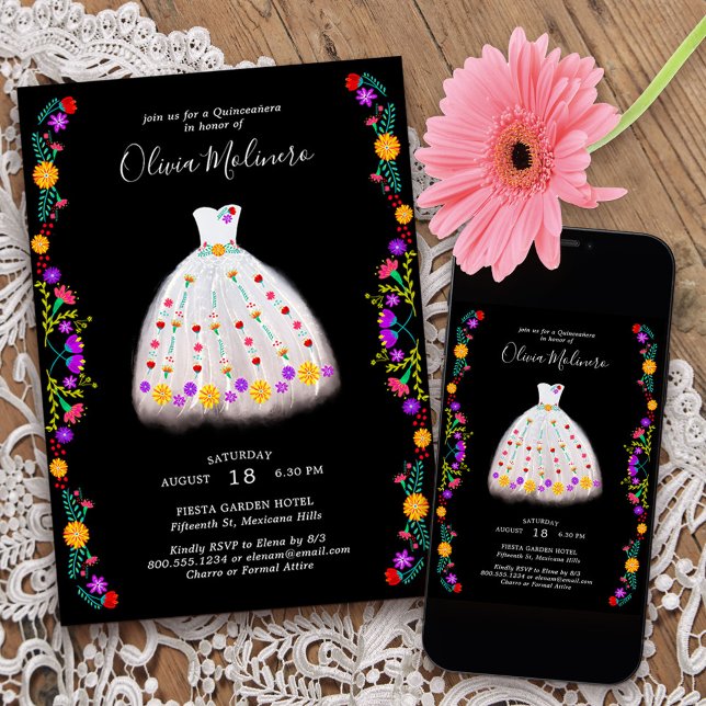 Invitación Princesa Floral Blanca de Fiesta Mexicana Quincean (Princess Dress Quinceanera invitation from my Mexican Fiesta Floral collection
)