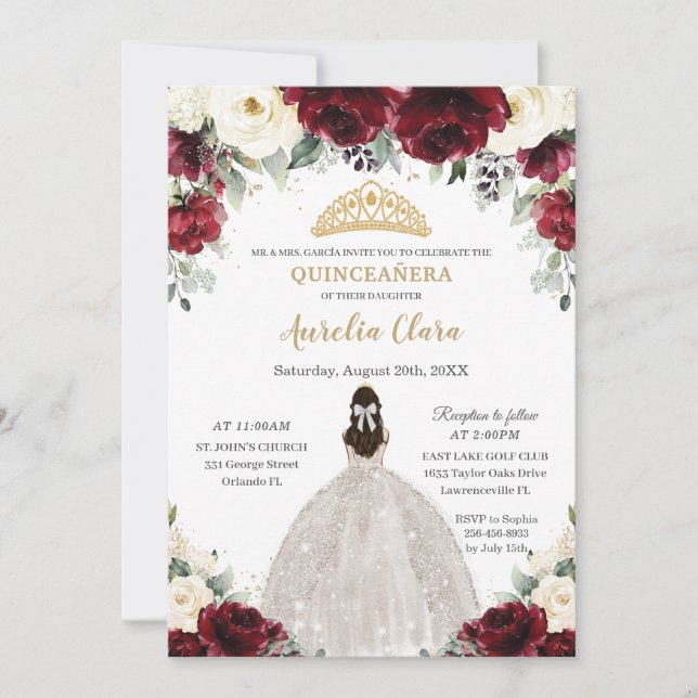 Invitación Princesa floral blanca de marfil de Borgoña (Anverso)