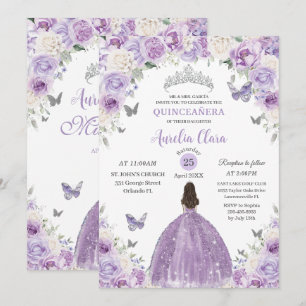 Invitación Princesa Floral Blanca Púrpura Quinceañera XV 16