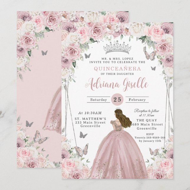 Invitación Princesa Floral Blanca Rosa Quinceañera XV 16 (Anverso / Reverso)