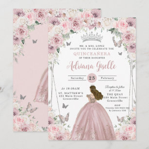 Invitación Princesa Floral Blanca Rosa Quinceañera XV 16