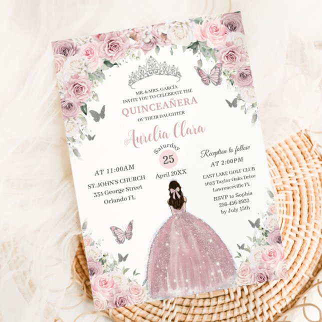 Invitación Princesa Floral blanca suave rosa Quinceañera XV 1 (Subido por el creador)