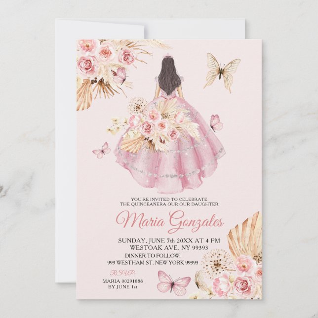 Invitación Princesa Floral Boho de Vestido Rosa Butterfly 15  (Anverso)