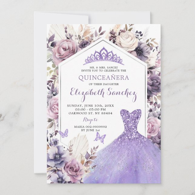 Invitación Princesa Floral Boho Plata Morada Quinceañera (Anverso)