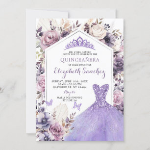 Invitación Princesa Floral Boho Plata Morada Quinceañera