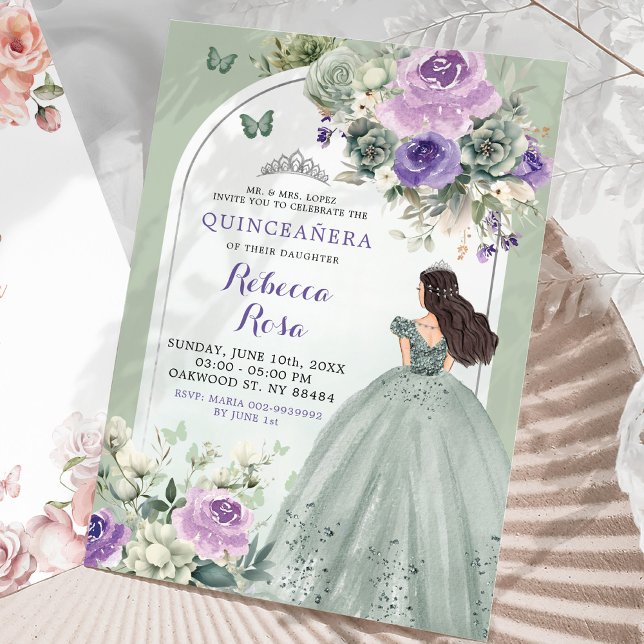 Invitación Princesa Floral Boho Sage Lavender Quinceañera (Subido por el creador)