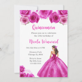 Invitación Princesa floral con traje de rosa caliente Quincea