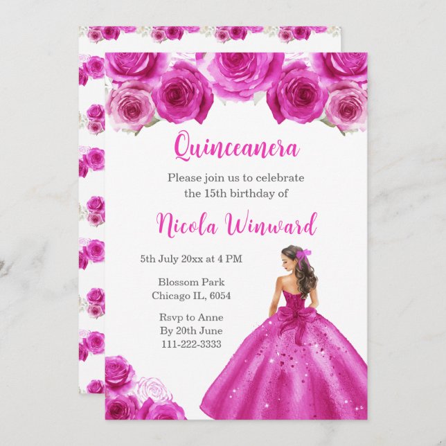 Invitación Princesa floral con traje de rosa caliente Quincea (Anverso / Reverso)