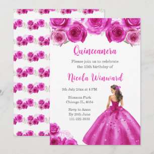 Invitación Princesa floral con traje de rosa caliente Quincea