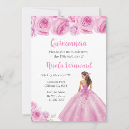 Invitación Princesa floral con traje rosa claro Quinceanera
