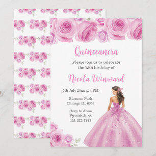 Invitación Princesa floral con traje rosa claro Quinceanera