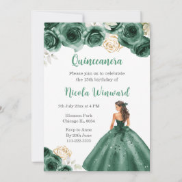 Invitación Princesa floral con traje verde oscuro Quinceanera