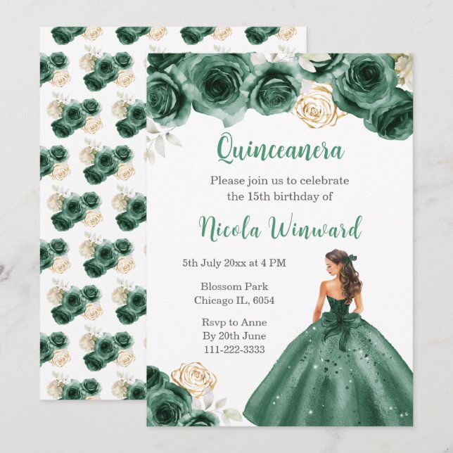Invitación Princesa floral con traje verde oscuro Quinceanera (Anverso / Reverso)