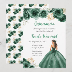 Invitación Princesa floral con traje verde oscuro Quinceanera