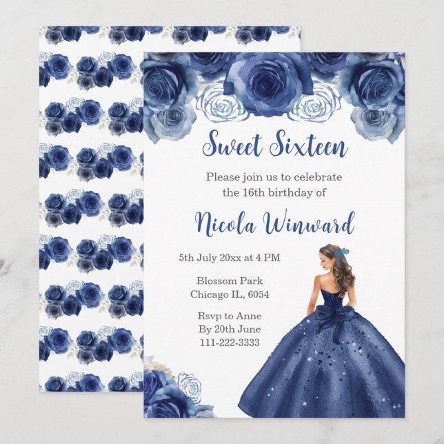Invitación Princesa floral con vestido azul de la Marina Diec (Anverso / Reverso)