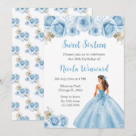 Invitación Princesa floral con vestido azul dulce dieciséis
