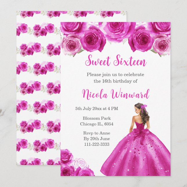 Invitación Princesa floral con vestido de rosa caliente dulce (Anverso / Reverso)