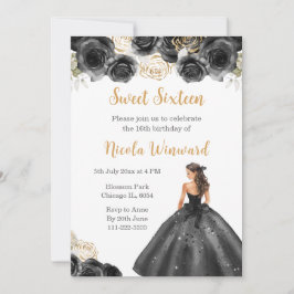 Invitación Princesa floral con vestido negro dulce dieciséis