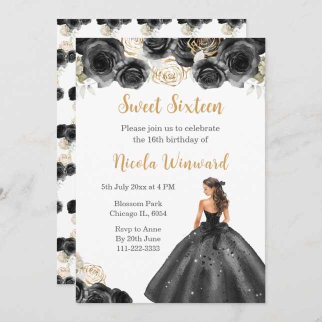 Invitación Princesa floral con vestido negro dulce dieciséis (Anverso / Reverso)