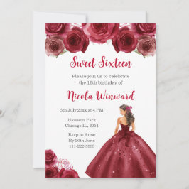 Invitación Princesa floral con vestido rojo dulce dieciséis