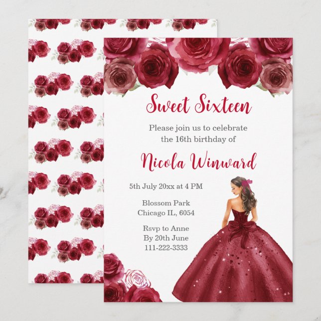 Invitación Princesa floral con vestido rojo dulce dieciséis (Anverso / Reverso)