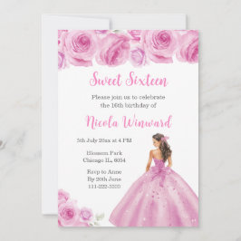 Invitación Princesa floral con vestido rosa claro dulce dieci