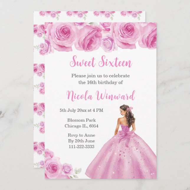 Invitación Princesa floral con vestido rosa claro dulce dieci (Anverso / Reverso)