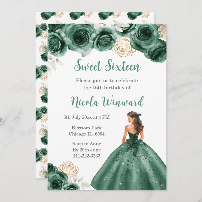 Invitación Princesa floral con vestido verde oscuro dulce die (Anverso / Reverso)