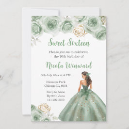 Invitación Princesa floral con vestido verde sabio Dieciséis
