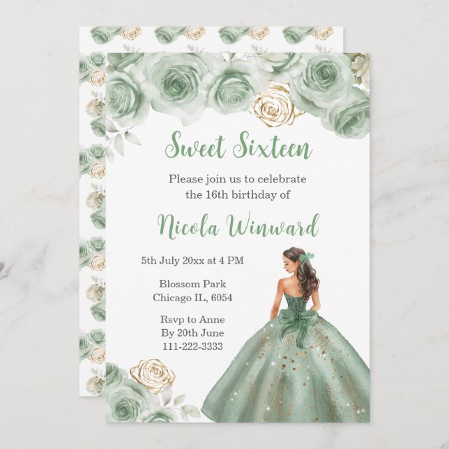 Invitación Princesa floral con vestido verde sabio Dieciséis (Anverso / Reverso)