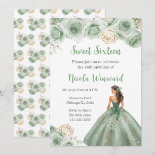 Invitación Princesa floral con vestido verde sabio Dieciséis
