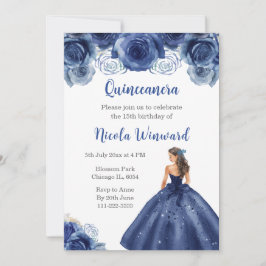 Invitación Princesa floral con vestimenta azul de la marina Q
