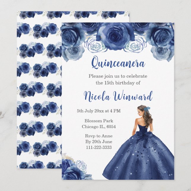 Invitación Princesa floral con vestimenta azul de la marina Q (Anverso / Reverso)
