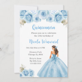 Invitación Princesa floral con vestimenta azul Quinceanera