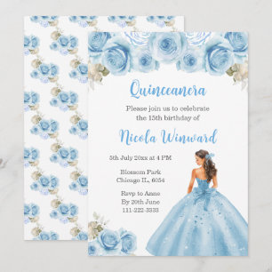Invitación Princesa floral con vestimenta azul Quinceanera