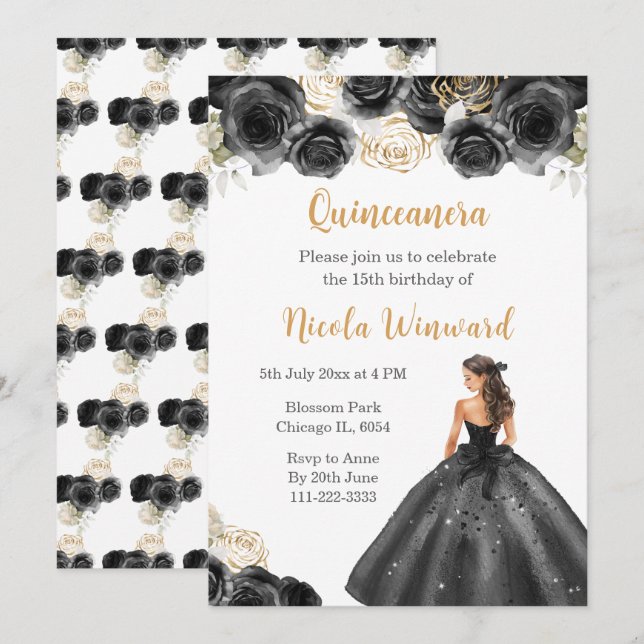 Invitación Princesa floral con vestimenta negra Quinceanera (Anverso / Reverso)