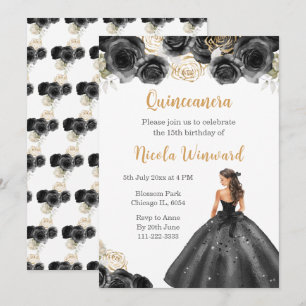 Invitación Princesa floral con vestimenta negra Quinceanera