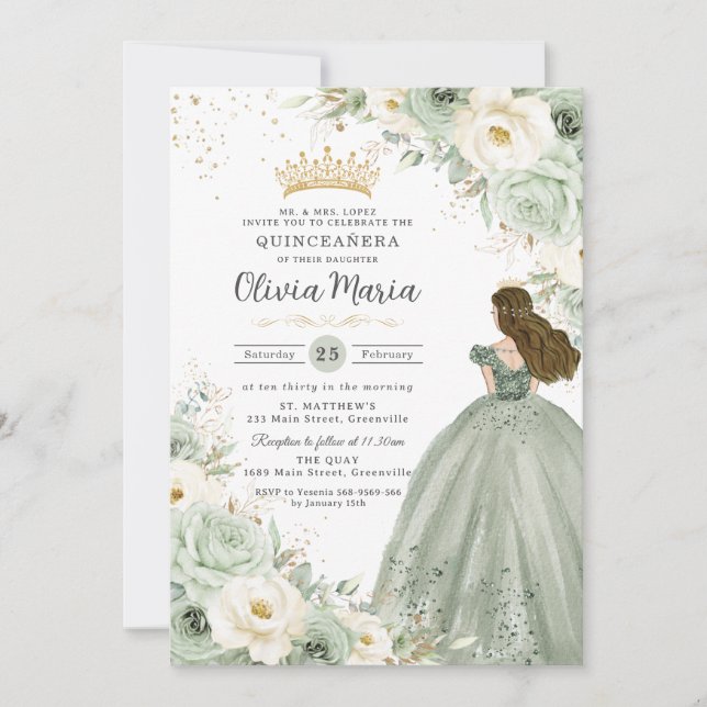 Invitación Princesa Floral de Marfil Verde de Sage Quinceañer (Anverso)
