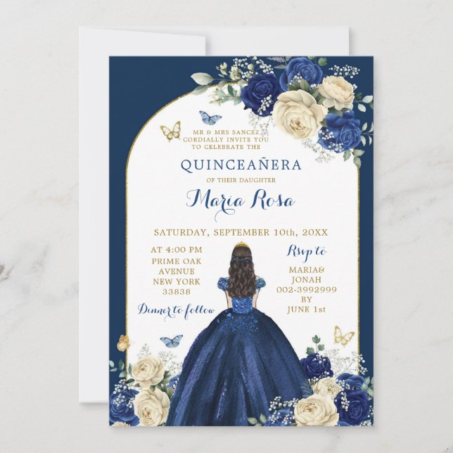 Invitación Princesa floral de oro azul de la marina Quinceañe (Anverso)