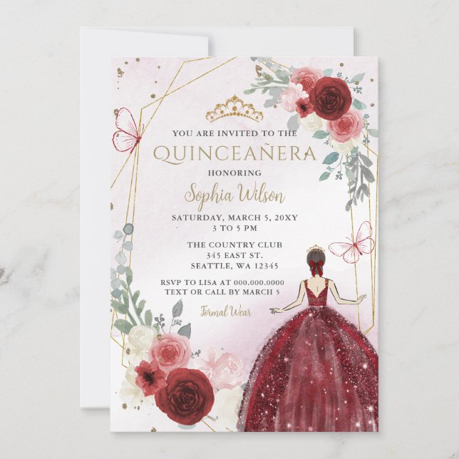 Invitación Princesa floral de oro de Borgoña Quinceañera (Anverso)