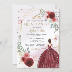 Invitación Princesa floral de oro de Borgoña Quinceañera