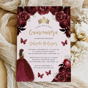 Invitación Princesa floral de oro de Borgoña Quinceañera