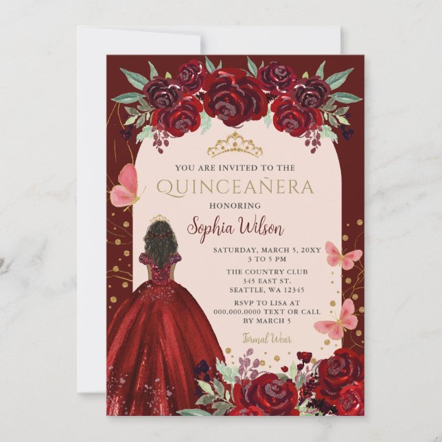 Invitación Princesa floral de oro de Borgoña Quinceañera Quin (Anverso)