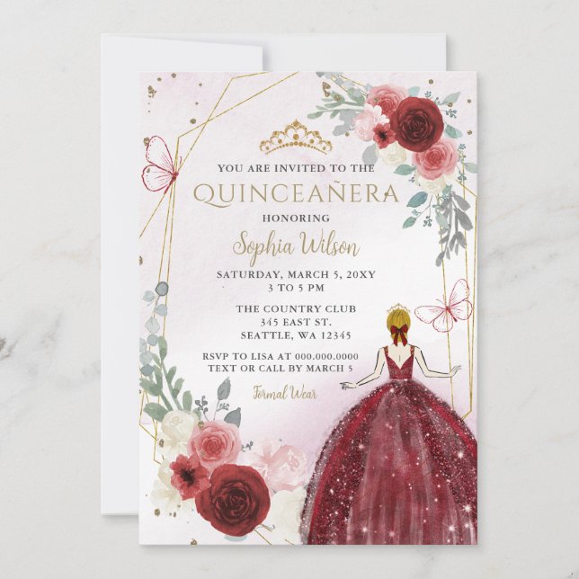 Invitación Princesa floral de oro de Borgoña Quinceañera Quin (Anverso)