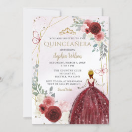 Invitación Princesa floral de oro de Borgoña Quinceañera Quin