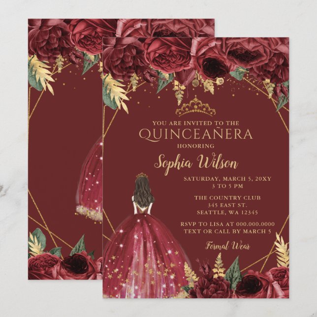 Invitación Princesa floral de oro de Borgoña Quinceañera Quin (Anverso / Reverso)