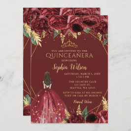 Invitación Princesa floral de oro de Borgoña Quinceañera Quin